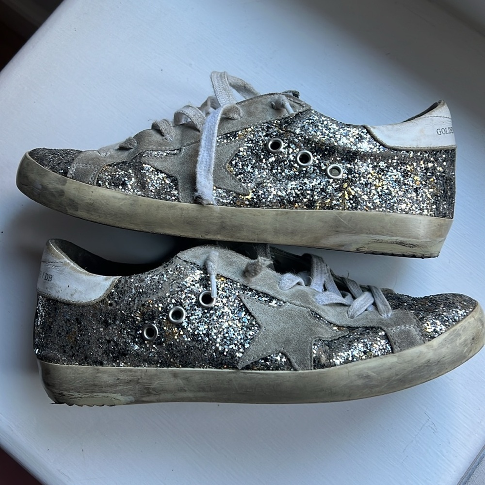 Golden Goose Animal Print Silver Gold Glitter Superstar Sneakers Sz. 38/8